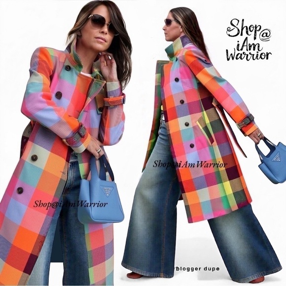Rainbow checkered NWT double breasted belted trench coat *shop@iamwarrior - Picture 3 of 16